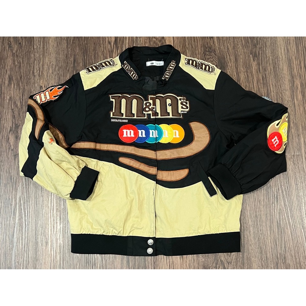 JH Design M&M's Racing Jacket Black Tan Embroidered Bomber Snap Front Medium